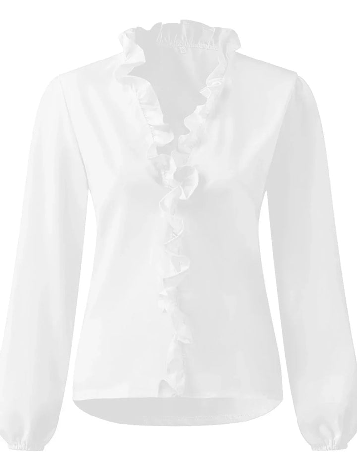 Stylish women's V-neck long sleeve blouse with elegant ruffles, ideal for versatile workwear, office, or casual chic outfits.