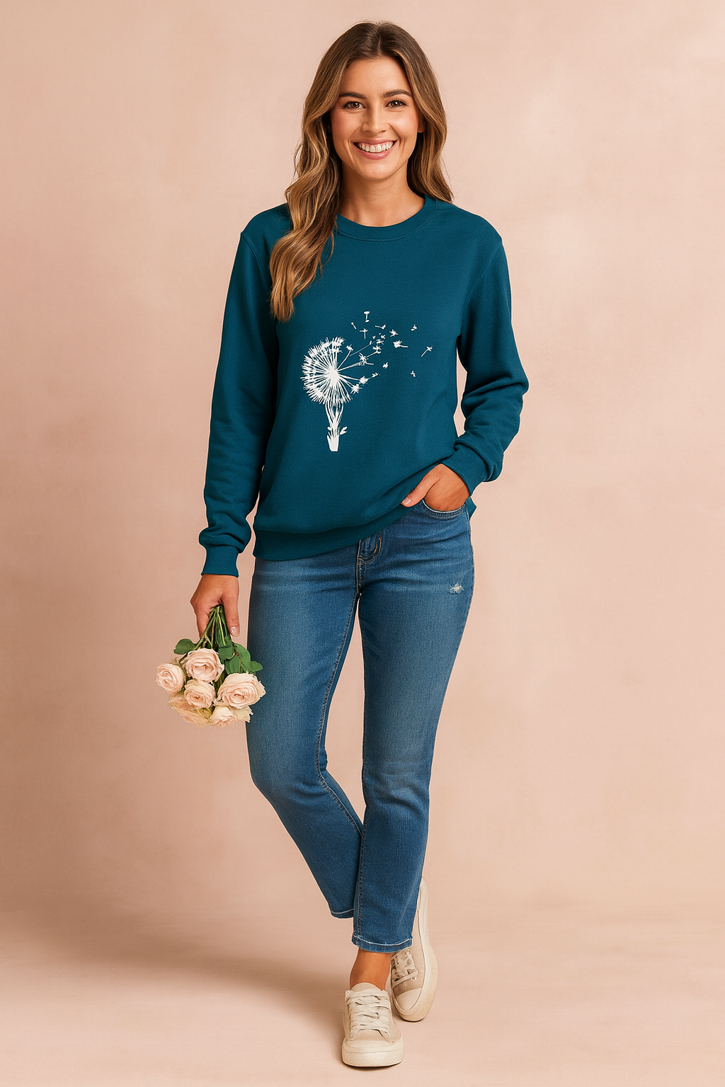 Unique women's dandelion graphic pullover. Long-sleeve crew neck sweatshirt with whimsical print, perfect for casual wear.