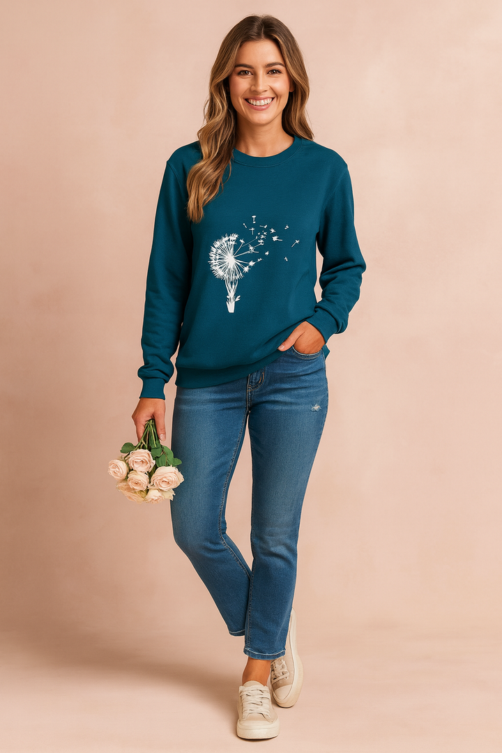 Unique women's dandelion graphic pullover. Long-sleeve crew neck sweatshirt with whimsical print, perfect for casual wear.