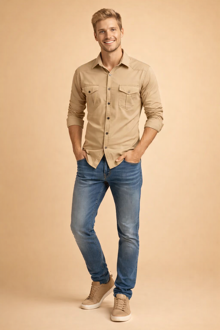 Comfortable men's casual button-down shirt, perfect for effortless everyday style and modern menswear.