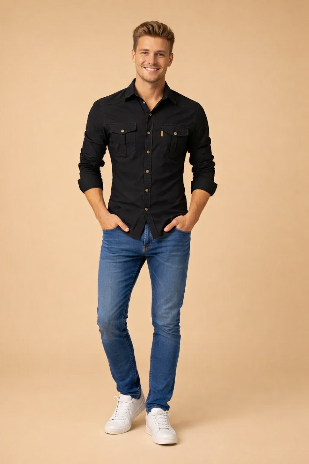 Crisp classic men's button-down shirt, a versatile long-sleeve staple for any menswear collection.