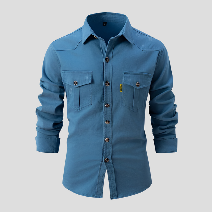 Versatile men's button-down shirt, perfect for layering or standalone everyday fashion for men.