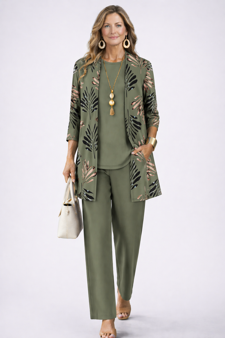 Women's stylish printed three-piece set: longline jacket, sleeveless top & relaxed fit pants. Versatile casual chic.