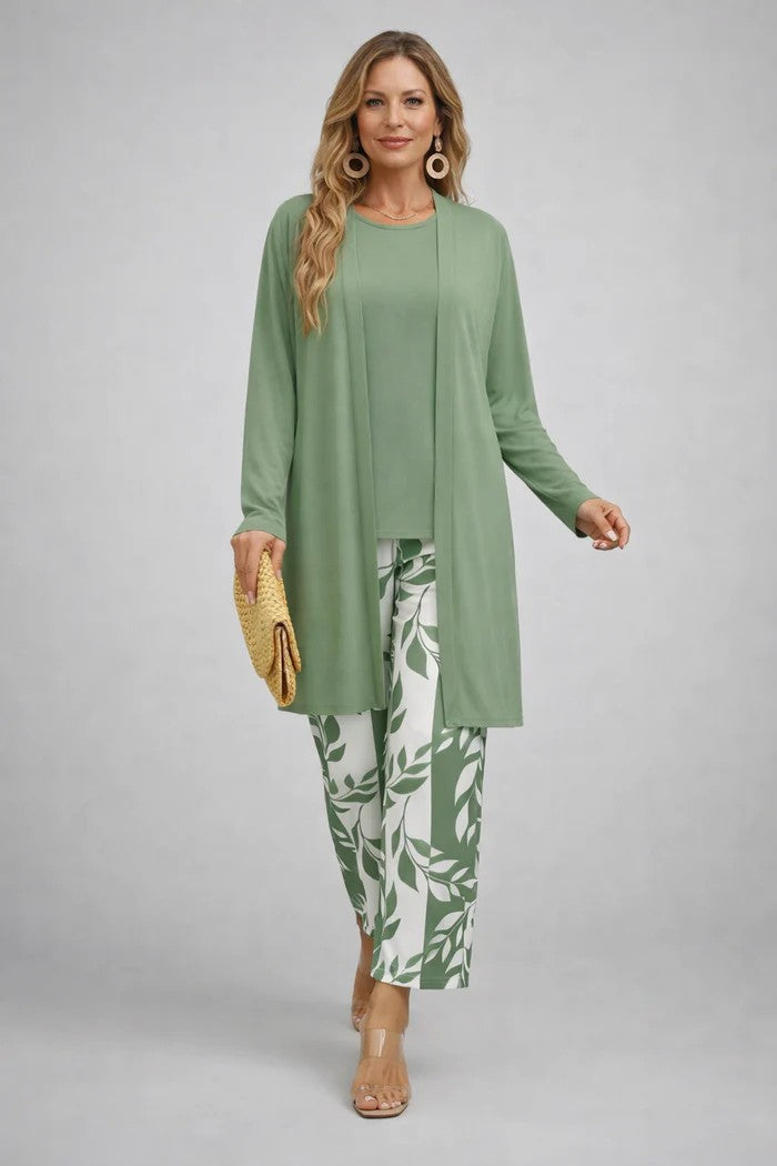 Elegant longline jacket from women's printed three-piece set. Features open front & relaxed fit for stylish outfits.
