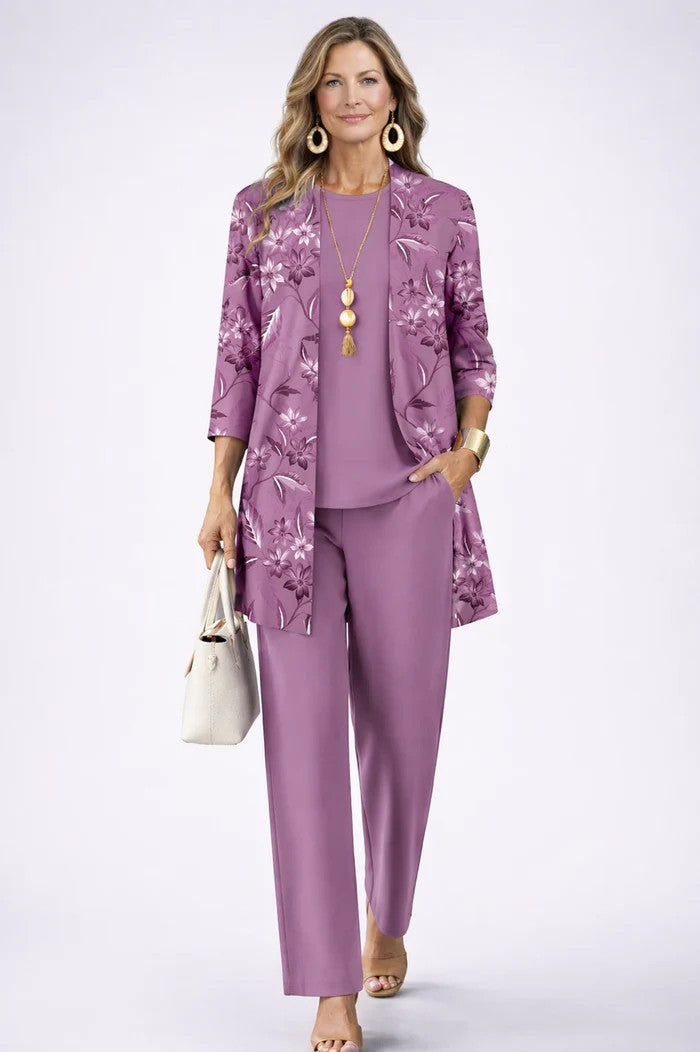 Comfortable printed pants from women's three-piece set. Relaxed fit, easy care fabric for casual or elegant style.