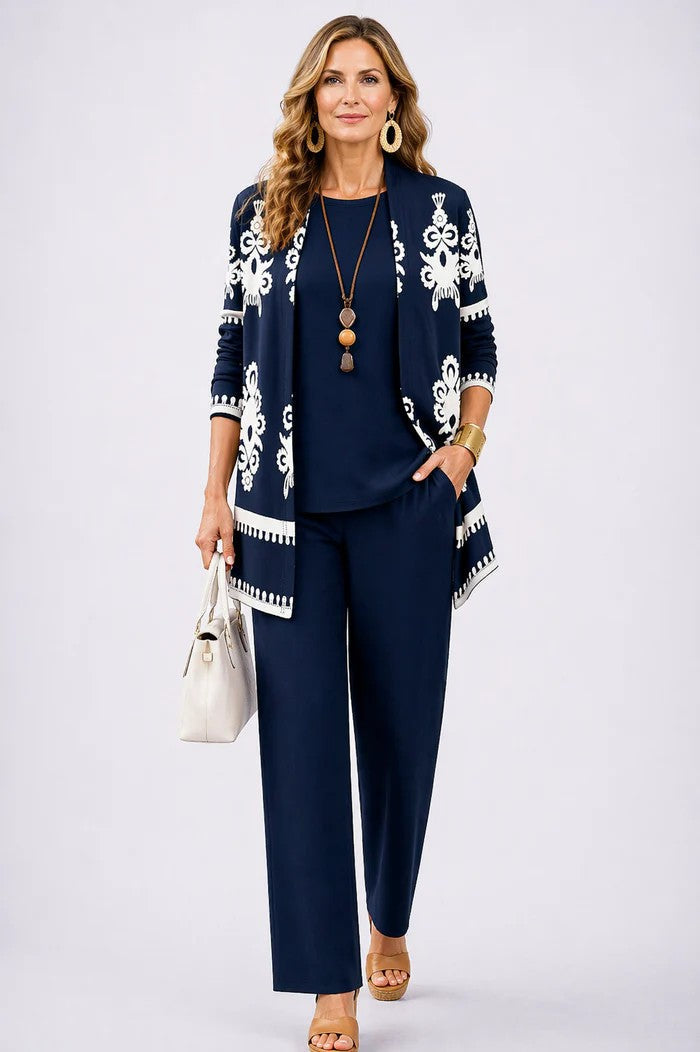 Women's printed three-piece set; an elegant outfit featuring a jacket, top & pants for versatile fashion.