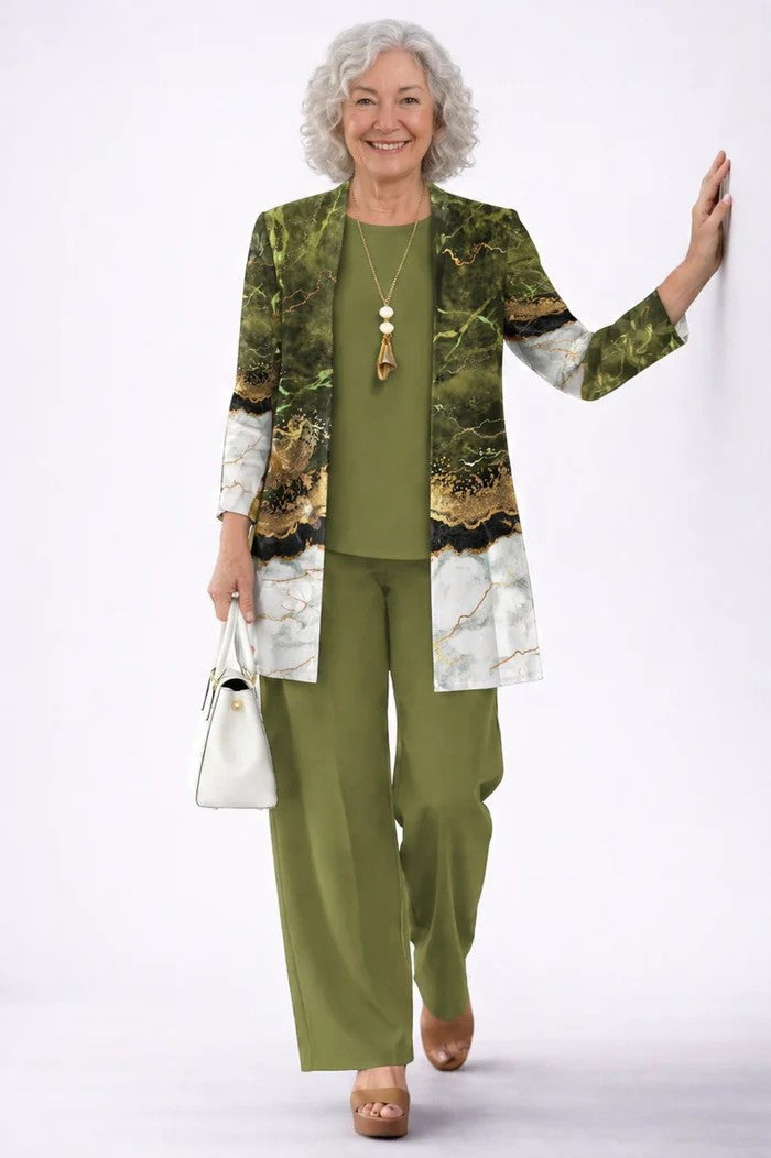 Back view of women's relaxed fit three-piece set, showcasing the comfortable drape of the jacket & pants.