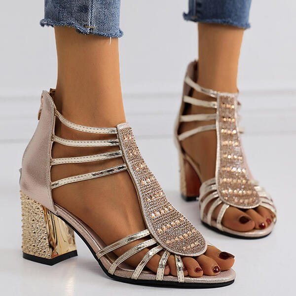 Dazzling women's open-toe block heel dress shoes with rhinestone strappy design for special occasions.