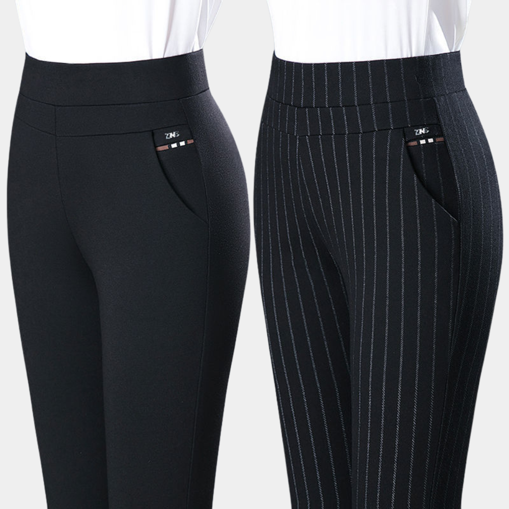 Side view of flattering women's high-waisted stretch pants, perfect for office or casual chic.