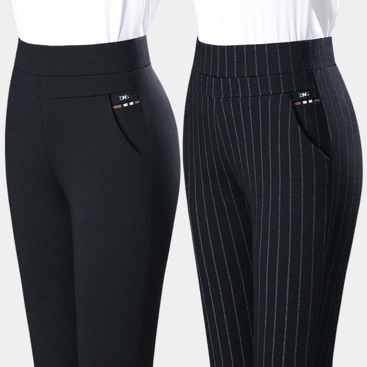 Side view of flattering women's high-waisted stretch pants, perfect for office or casual chic.