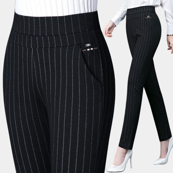 Woman wearing stylish high-waisted stretch pants, ideal for comfortable office wear or casual outings.