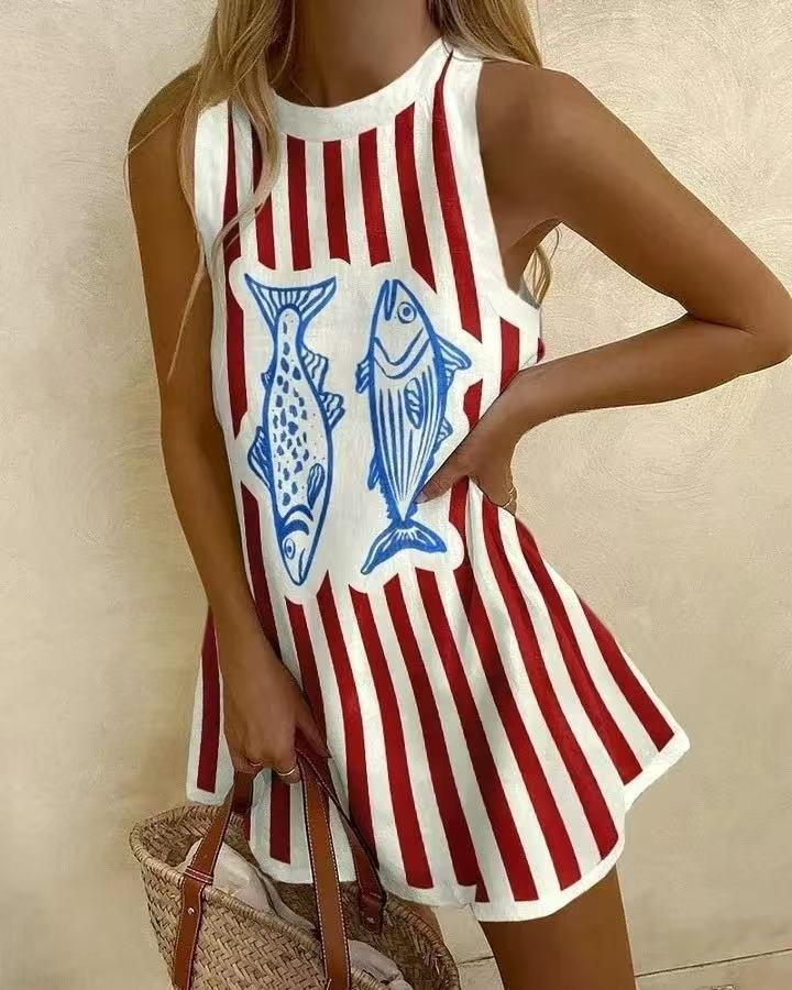 Women's playful sleeveless nautical striped mini tank dress. Ideal casual summer wear, beach vacation style.