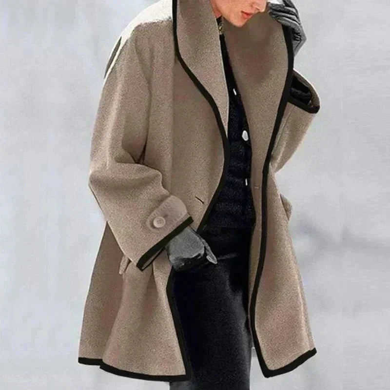 Stylish curvy women's double-breasted jacket, perfect outerwear for fall fashion, offers warmth & elegance.