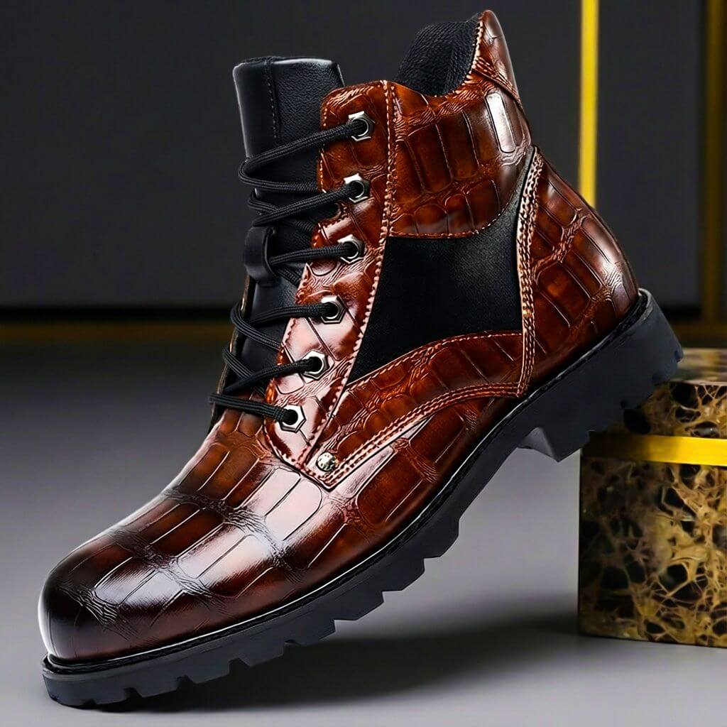 Men's stylish embossed leather urban boots, offering all-day comfort and durable wear for fall & winter fashion.