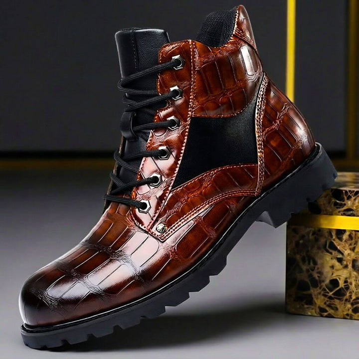 Men's stylish embossed leather urban boots, offering all-day comfort and durable wear for fall & winter fashion.