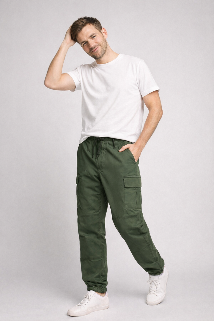 Lightweight men's cargo pants, offering comfortable, modern fit & utility for urban streetwear fashion.