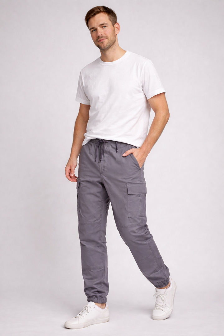 Modern fit men's utility cargo pants with multiple pockets, lightweight and trendy for urban casual and streetwear.