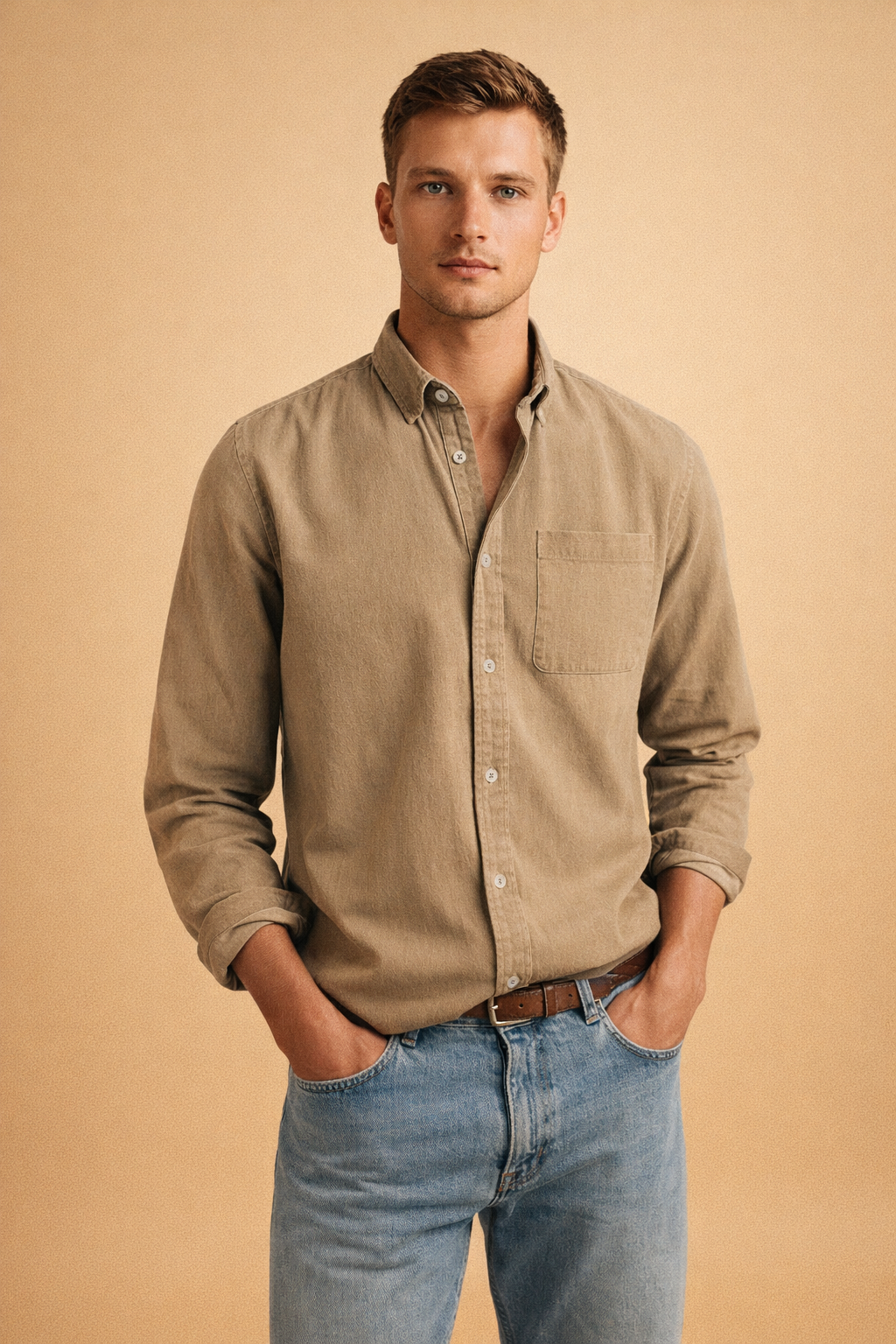 Classic men's long sleeve button-down shirt for versatile styling, perfect for casual or business casual outfits.