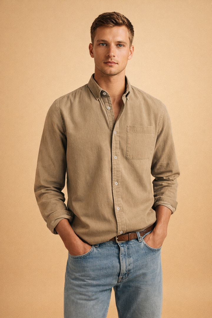 Classic men's long sleeve button-down shirt for versatile styling, perfect for casual or business casual outfits.