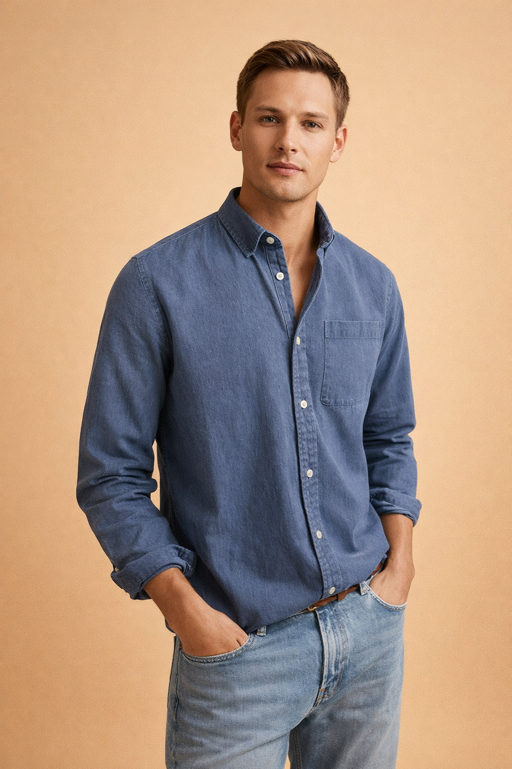Modern fit men's long sleeve button-down shirt, perfect for versatile smart casual & daily wear.