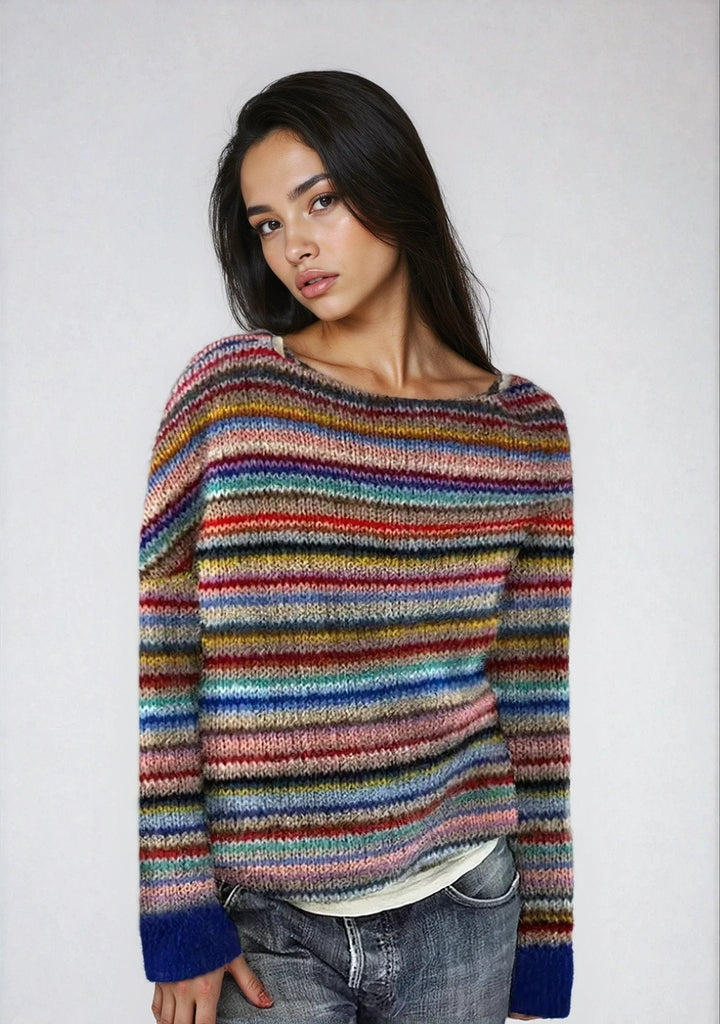 Cozy women's retro striped knit sweater for fall/winter. Vibrant, relaxed-fit pullover with colorful stripes.