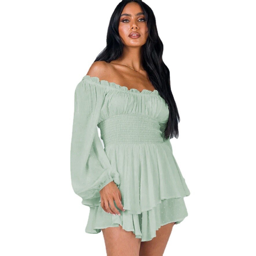 Elegant women's off-shoulder ruffle summer dress. Perfect casual beach sundress with short sleeves.