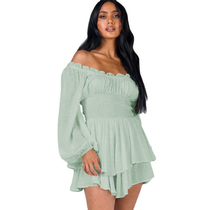 Elegant women's off-shoulder ruffle summer dress. Perfect casual beach sundress with short sleeves.