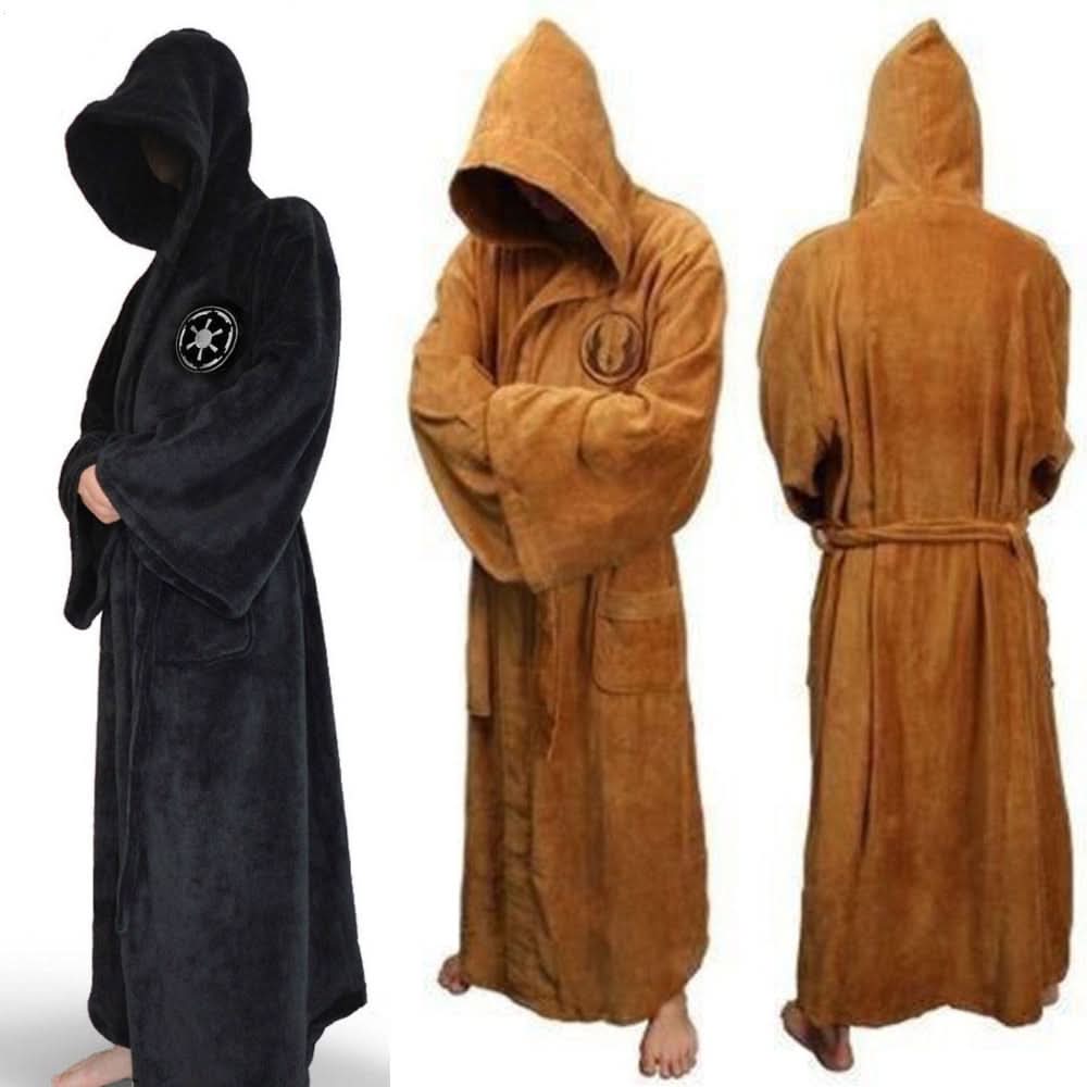 Man relaxing in a long hooded plush dressing gown. Cozy belted men's bathrobe for ultimate comfort & warmth at home.