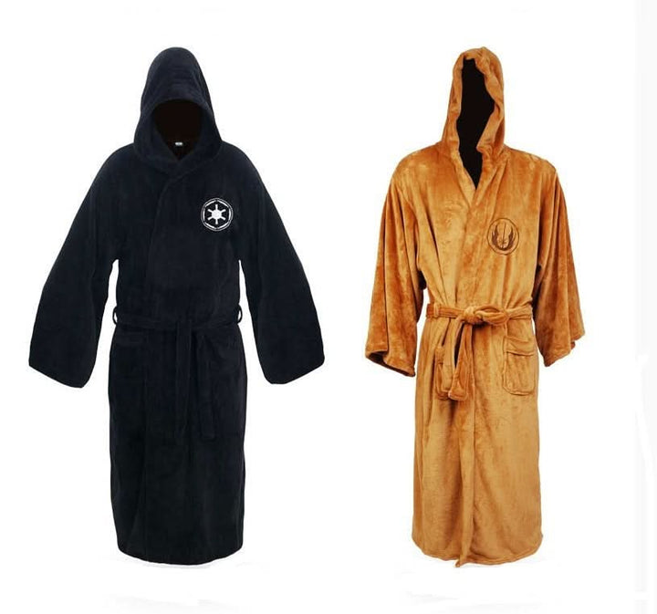 Close-up of a men's plush hooded long bathrobe, showing soft fabric & belted design. Ideal warm loungewear dressing gown.
