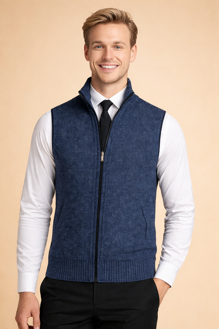 Men's full zip smart casual knit vest in a versatile shade, perfect for layering or office wear.