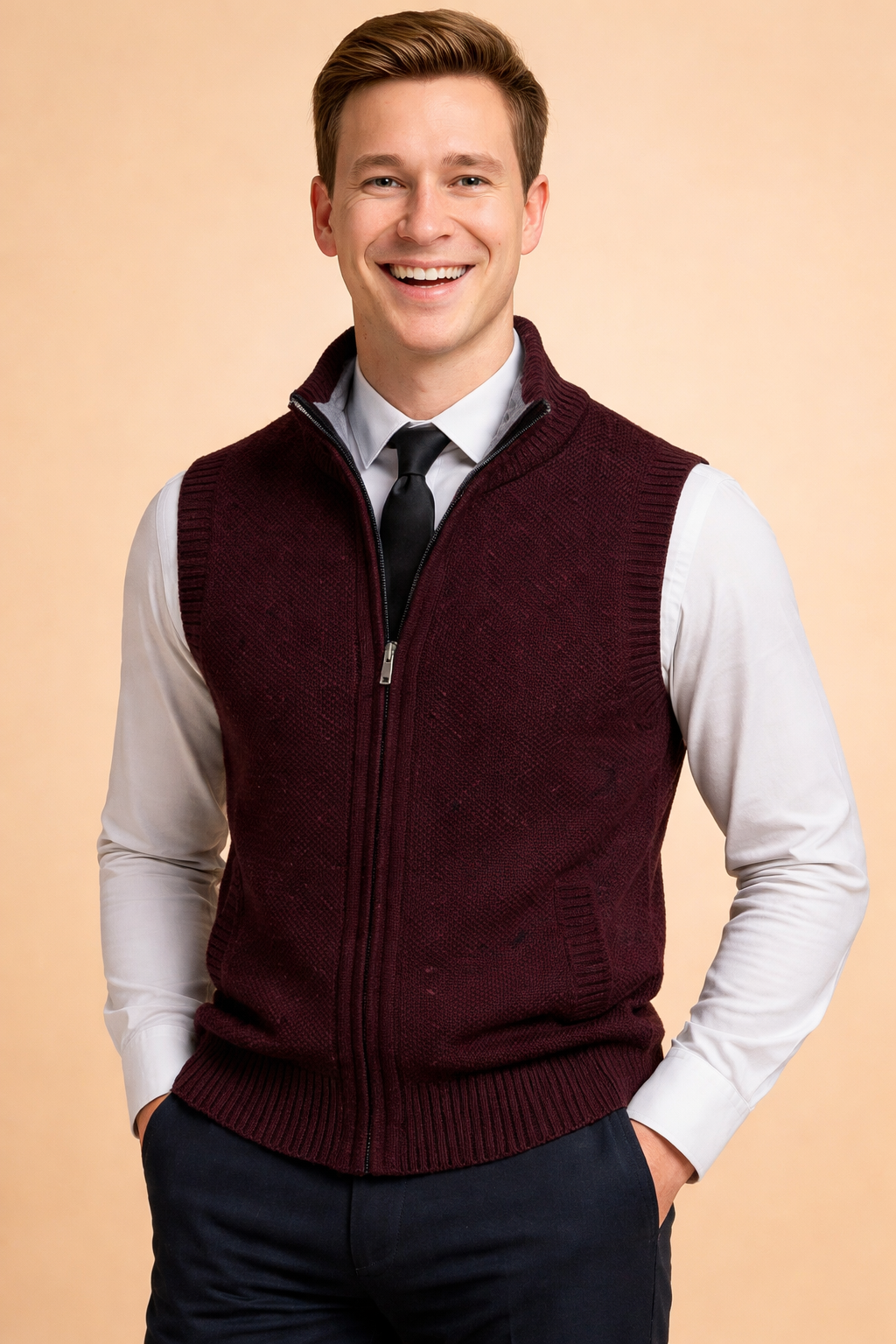 Elegant men's knitwear vest with full zip closure, ideal for smart casual and everyday fashion.