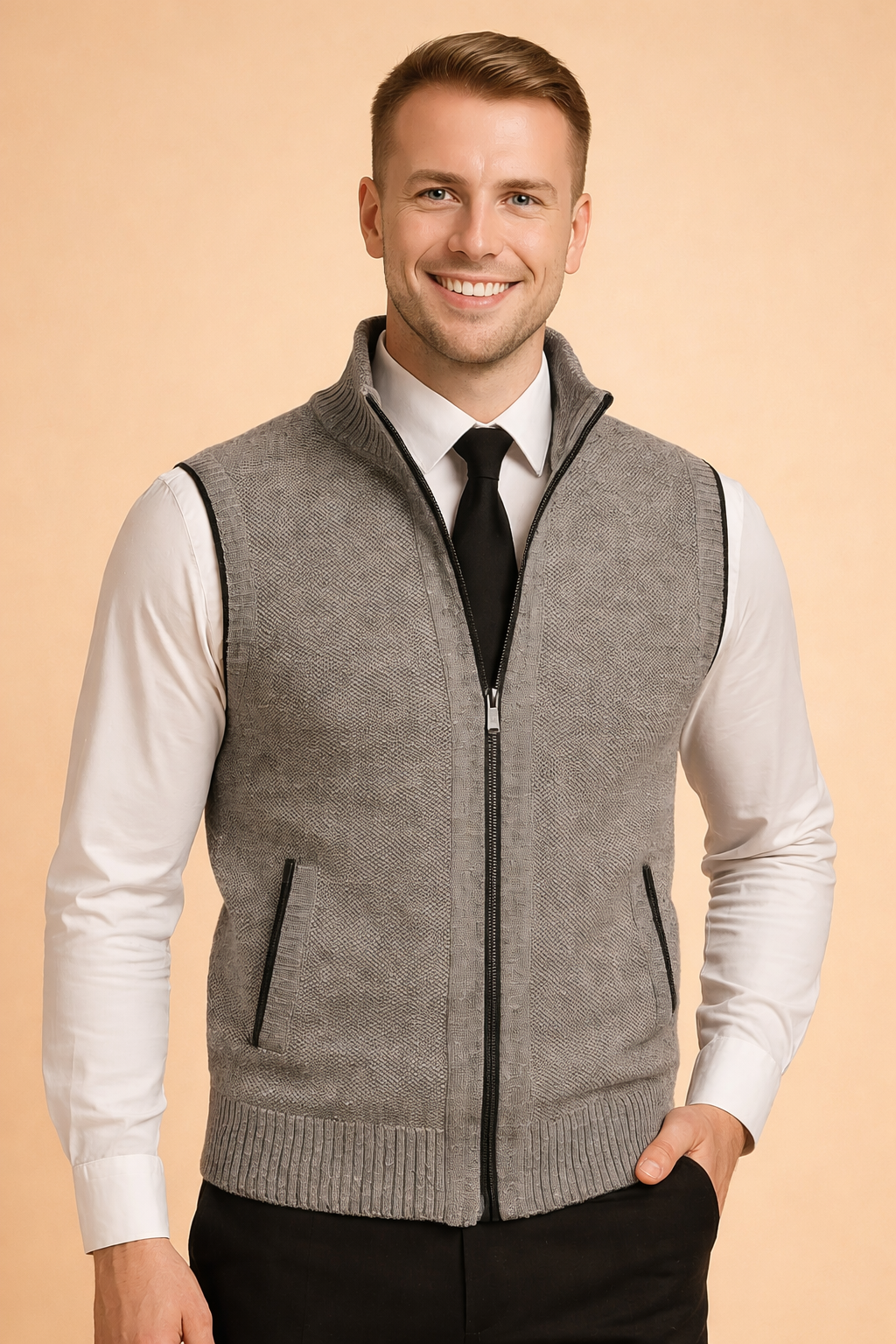 Versatile men's full zip knit vest, excellent for layering, adding a touch of smart casual style.