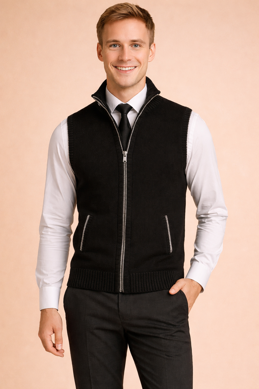 Men's smart casual knit vest with full zip, perfect for office wear or an elegant everyday look.