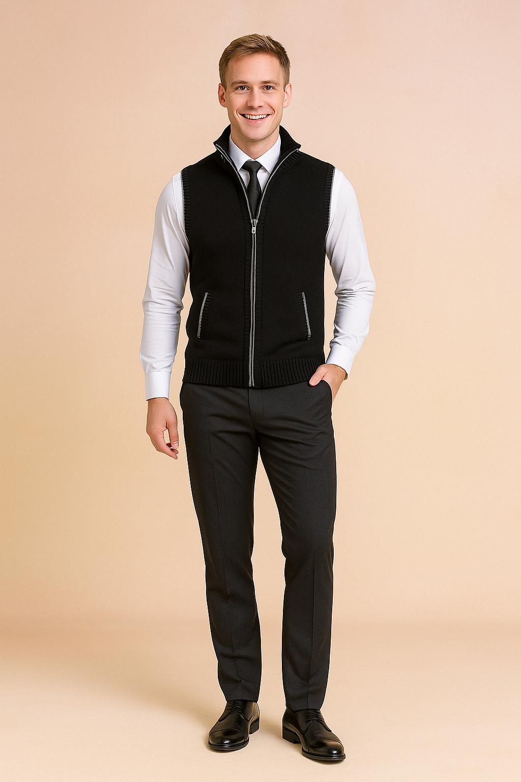 Comfortable men's full zip knit vest, offering a stylish smart casual look for any occasion.