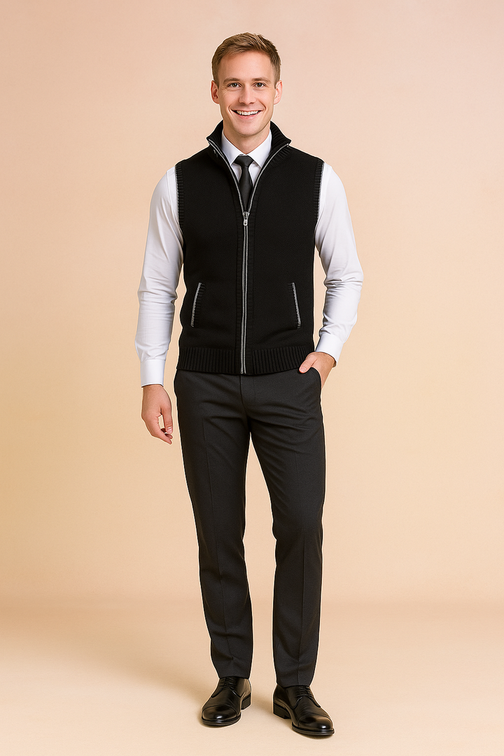 Comfortable men's full zip knit vest, offering a stylish smart casual look for any occasion.