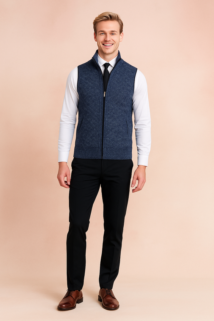 Menswear full zip knit vest, a smart casual layering piece for adaptable and fashionable outfits.