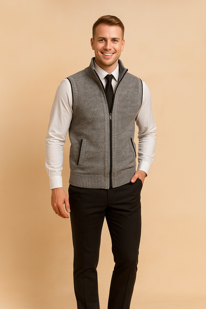 Finely knit men's full zip vest, an essential smart casual layering item for versatile styling.