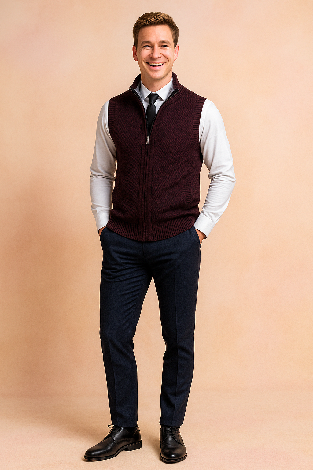 Fashionable men's full zip knit vest, a smart casual menswear piece for easy layering and style.