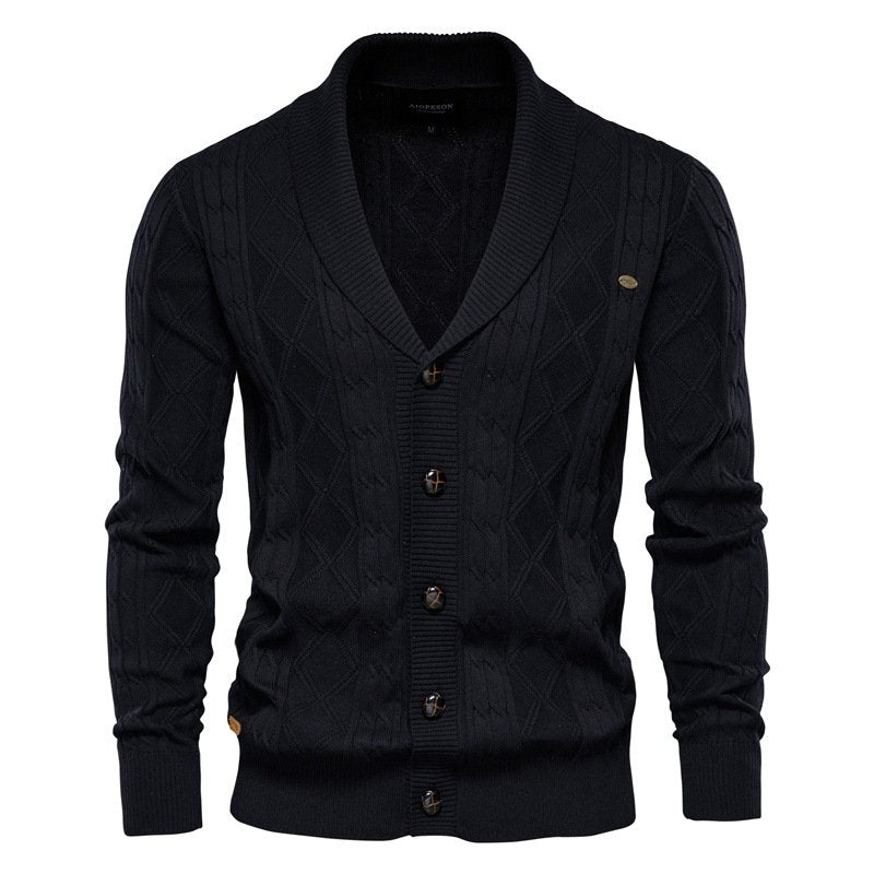 Warm men's cable knit V-neck cardigan with cozy shawl collar, ideal winter fashion knitwear.