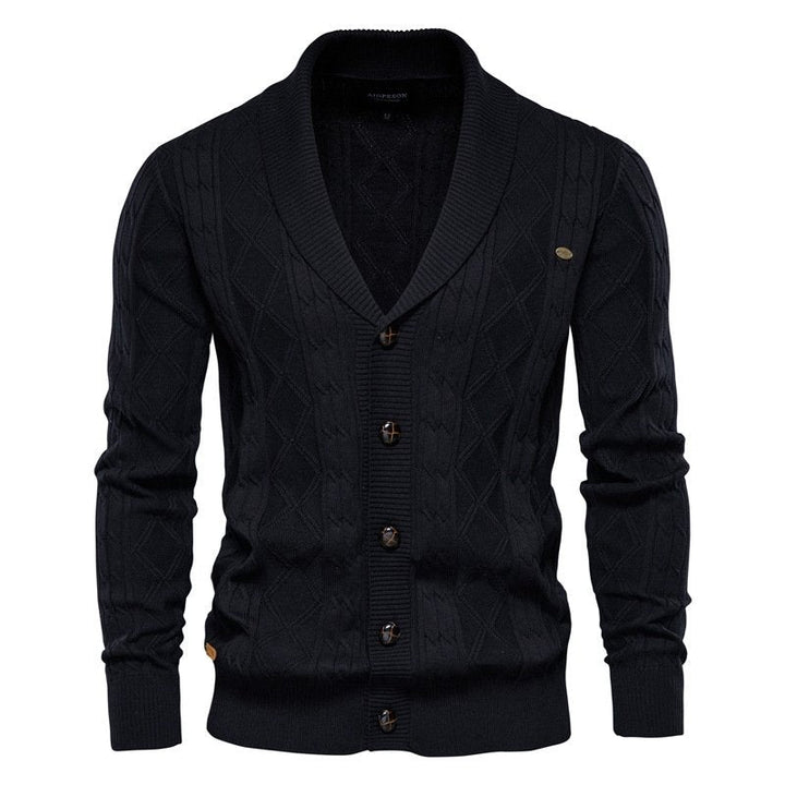 Warm men's cable knit V-neck cardigan with cozy shawl collar, ideal winter fashion knitwear.
