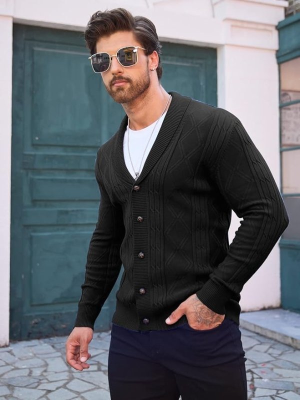 Classic men's V-neck cable knit cardigan, shawl collar, great for layering in casual or smart casual outfits.