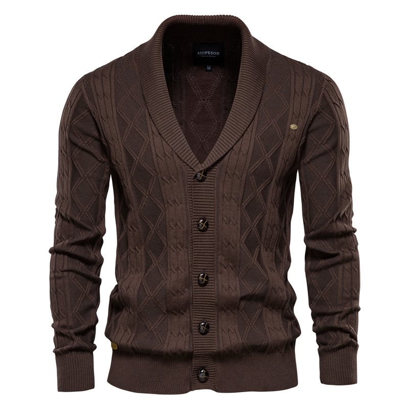 Men's warm cable knit V-neck cardigan, featuring a classic shawl collar. Essential knitwear for men.