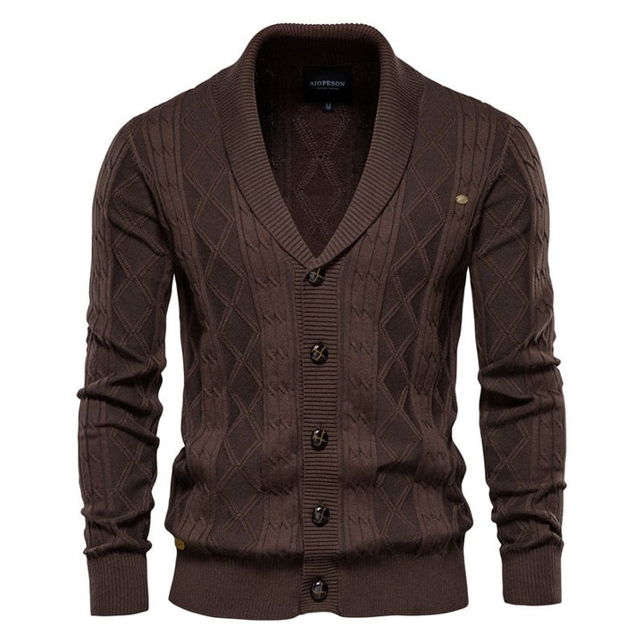 Men's warm cable knit V-neck cardigan, featuring a classic shawl collar. Essential knitwear for men.