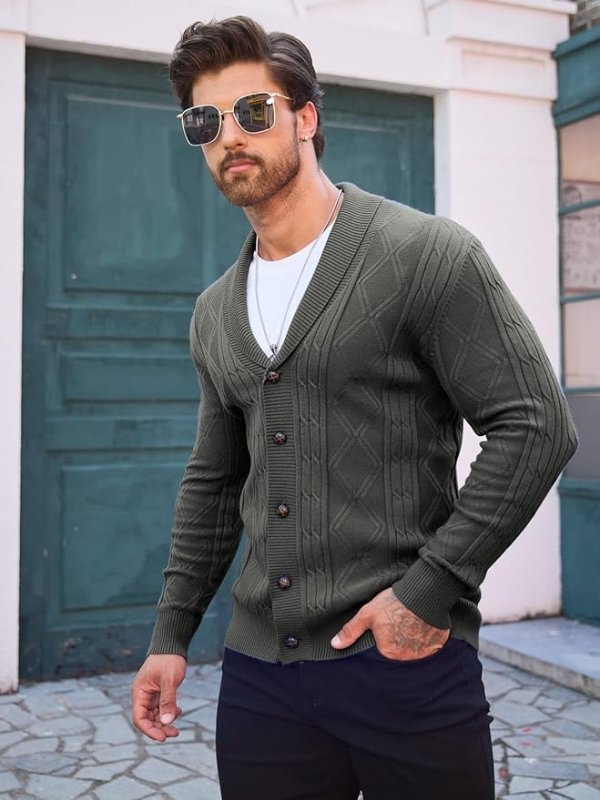 Men's cable knit V-neck cardigan with a warm shawl collar, perfect for stylish winter layering.