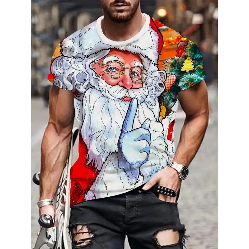 Red men's festive top with a cheerful Santa graphic print, great for Christmas parties & holiday spirit.