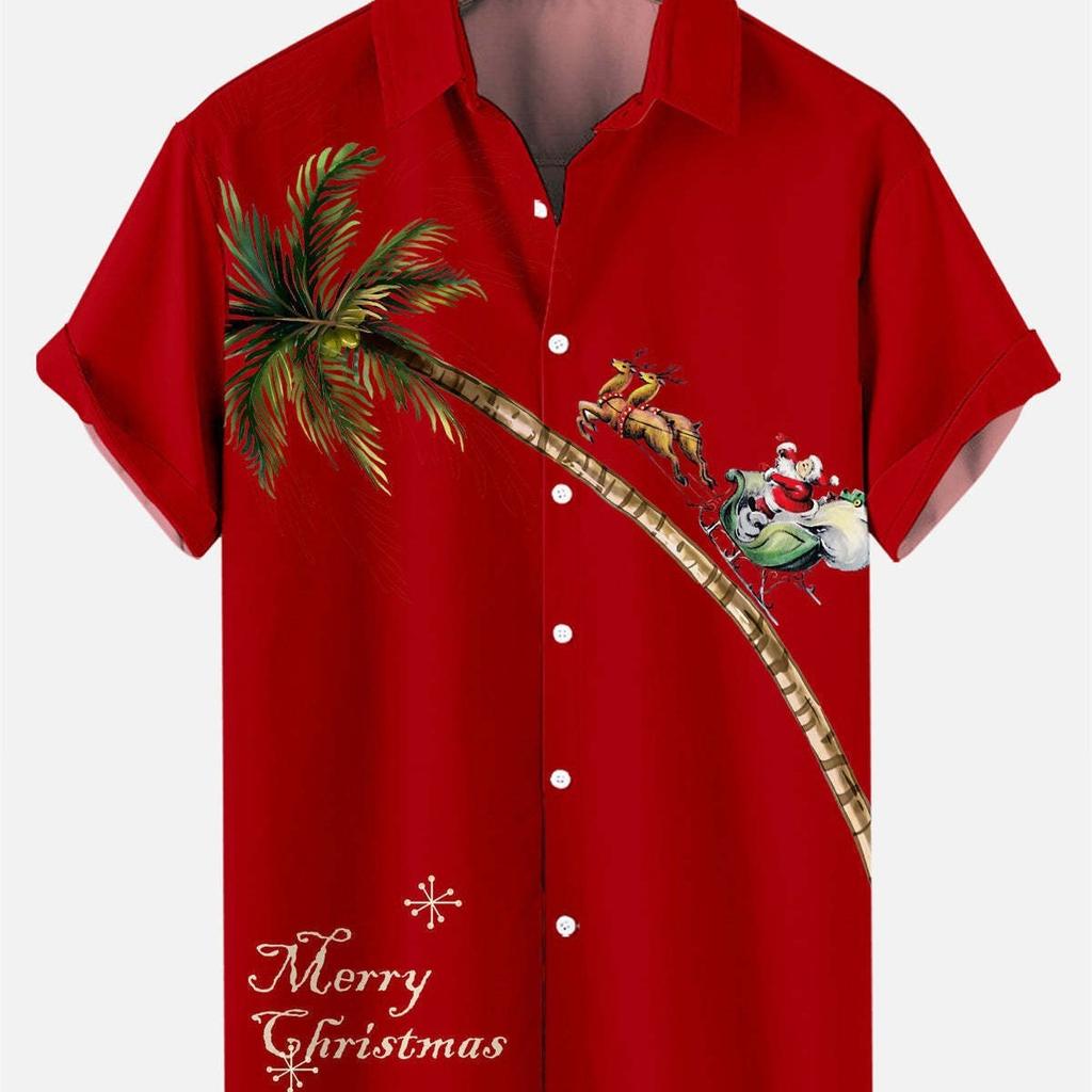 Festive men's short sleeve Christmas shirt featuring a fun Santa Claus pattern for holiday style.