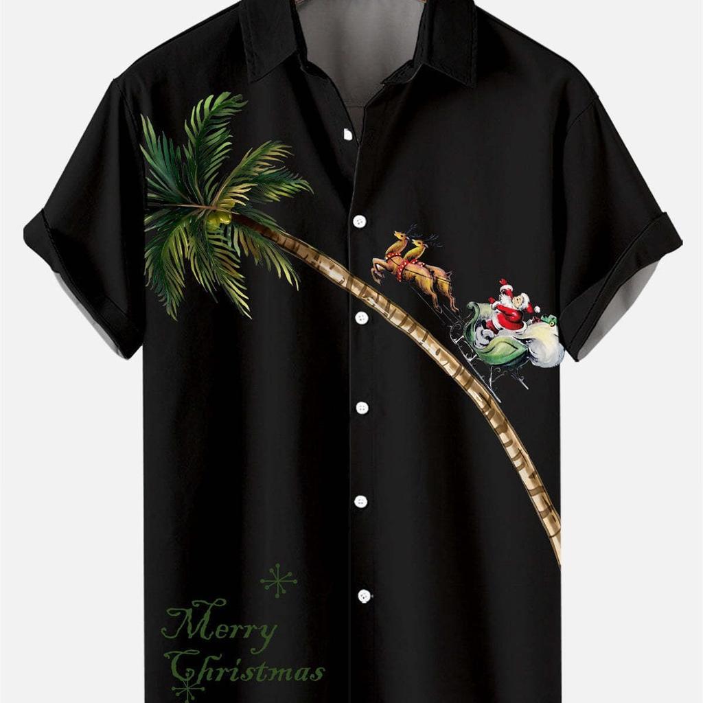 Men's summer Christmas Hawaiian shirt, vibrant Santa print, ideal for festive wear and parties.