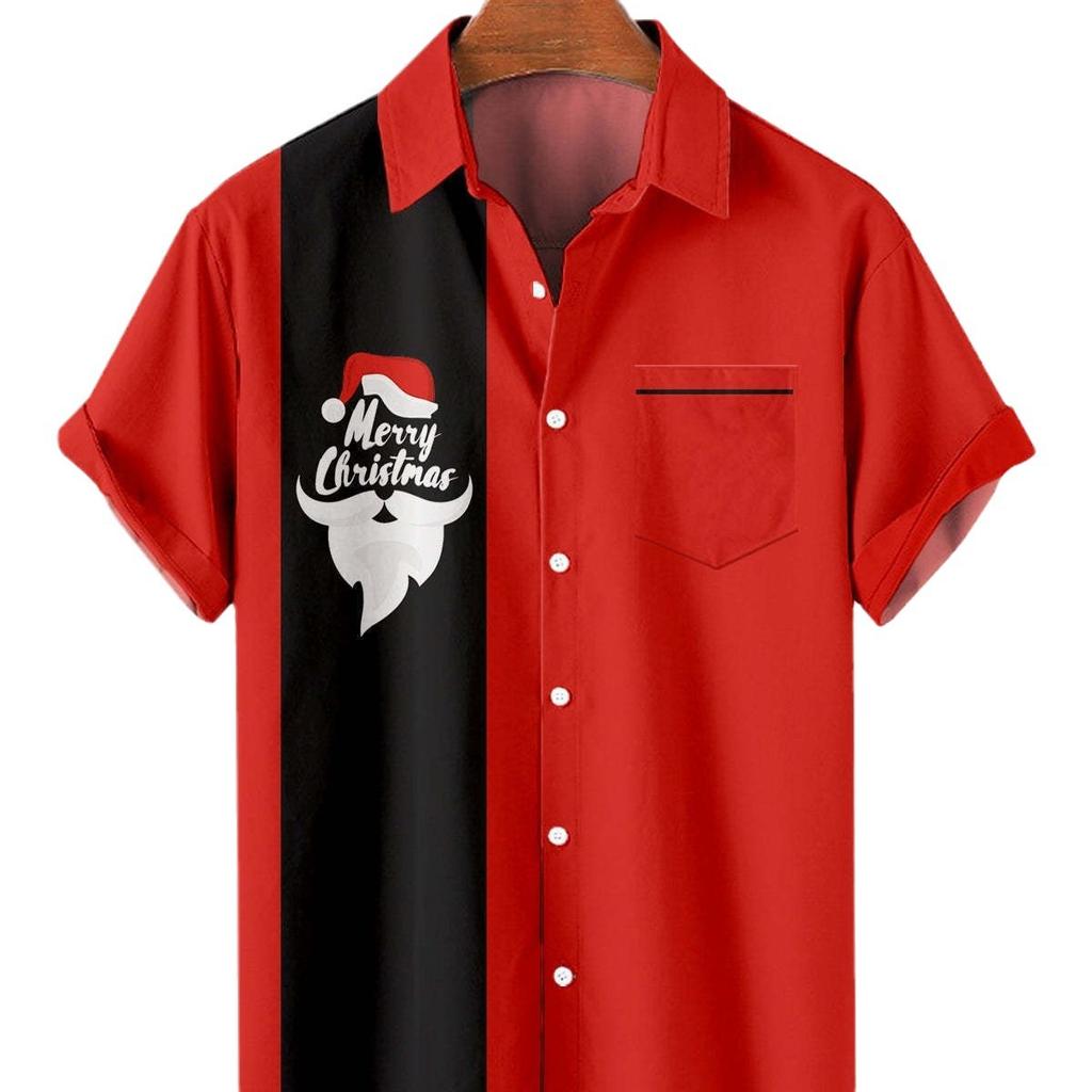 Short sleeve men's Christmas shirt with Santa print, excellent for holiday casual style.
