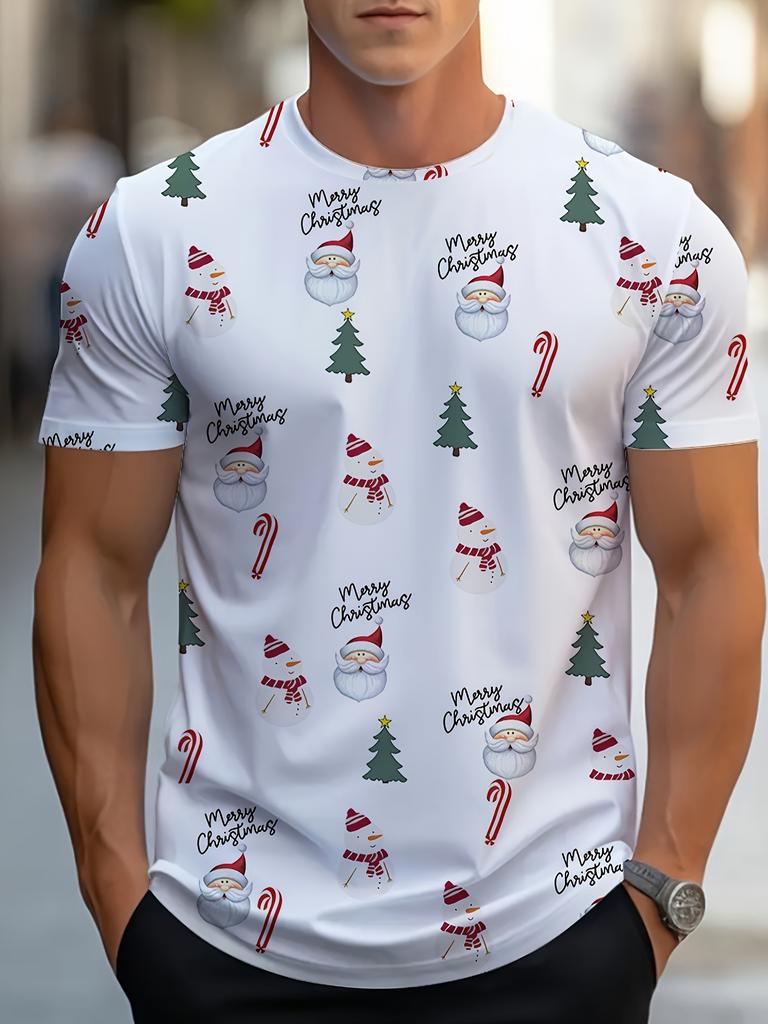 Men's festive Christmas shirt with Santa & tree print. Short sleeve button down, perfect for holiday parties & casual wear.