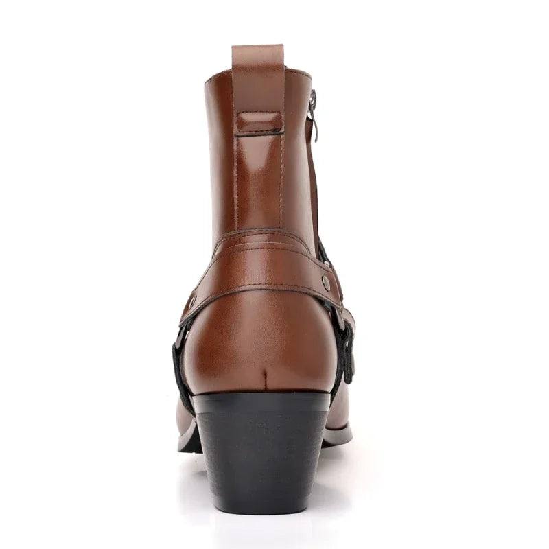 Stylish men's western ankle boots in harness style. Perfect slip-on footwear with a comfortable block heel.